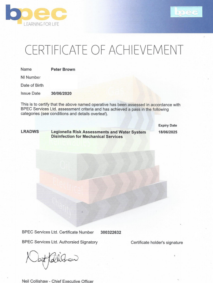 Peter Brown Legionella Certificate